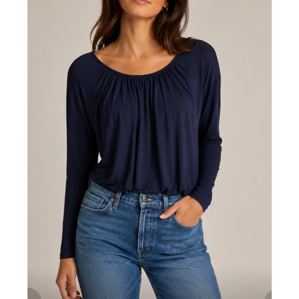 NEW Anthropologie Maeve Long Sleeve Bubble Hem Top Navy Blue XS - Picture 3 of 6